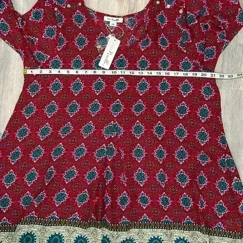 NWT Simply Noelle Women’s Boho Long Sleeve Tunic Top Red Pattern Size L/XL - Picture 7 of 8